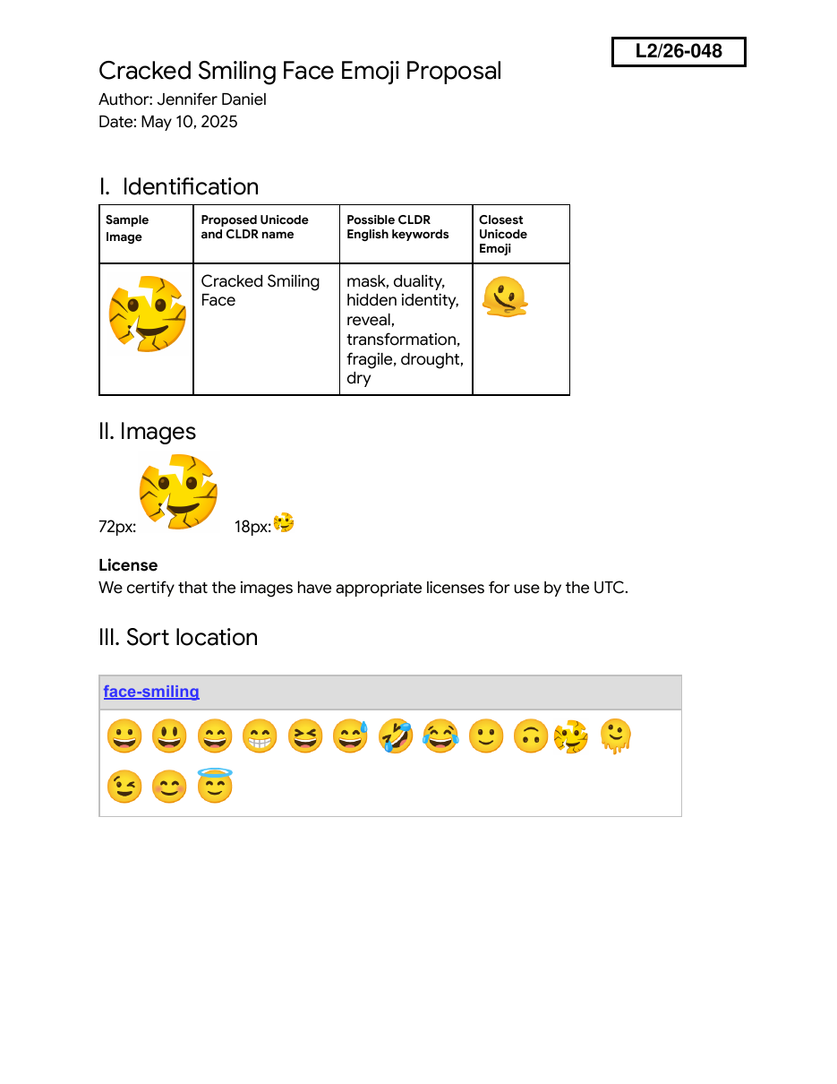 Cracking Face preview — Proposal document: Page 1 of the proposal: keywords include mask, duality, hidden identity, reveal, transformation, fragile, drought, dry. The 'closest existing emoji' is 🫠 Melting Face.