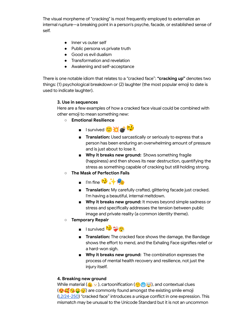 Cracking Face preview — Proposal document: 'Use in sequences' page walking through the canonical combos: 🫫+🎉 for 'I survived,' 😊🫫 as 'I'm fine / carefully crafted facade cracking,' 🫫🩹😮‍💨 for the temporary-repair mental-health narrative.