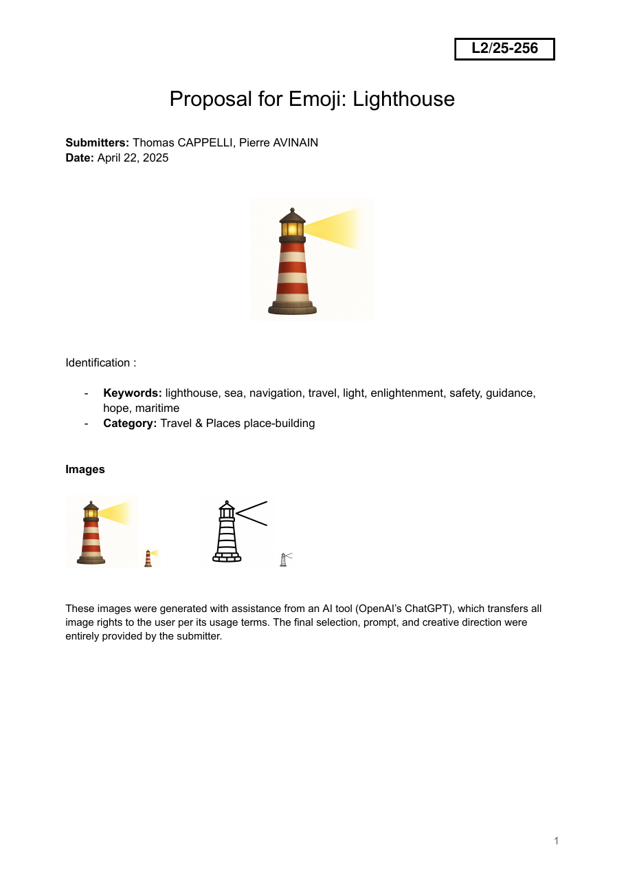 Lighthouse preview β Proposal document: Page 1 of the successful 2025 proposal, showing design variants at different sizes. The proposal notes the images were generated with AI assistance (ChatGPT) with final creative direction by the submitters.