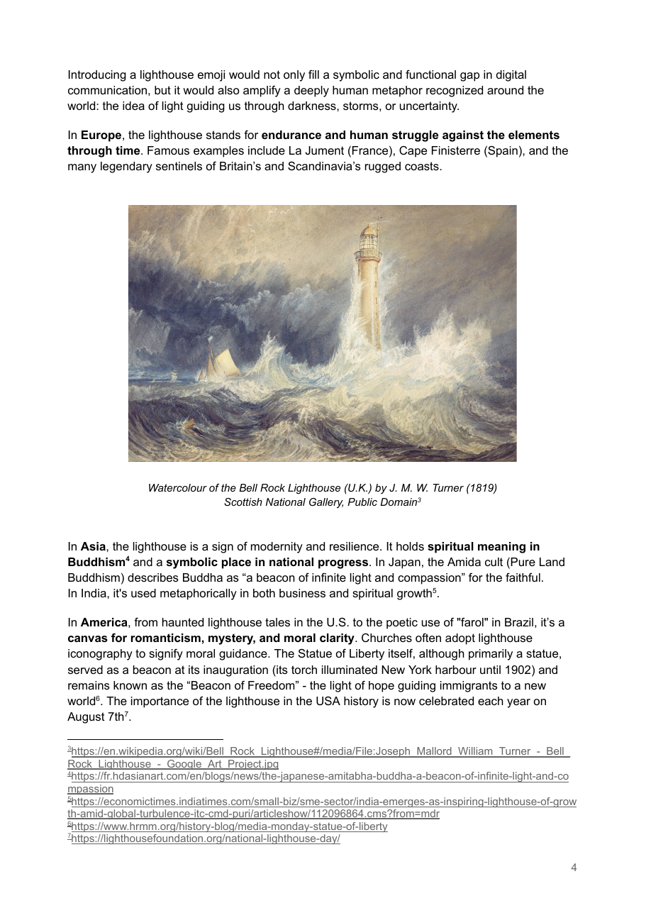 Lighthouse preview β Proposal document: Cultural-significance page arguing the lighthouse's cross-cultural weight: endurance and struggle in Europe (with J.M.W. Turner's 1819 Bell Rock watercolour), spiritual progress in Asia, and the 'Beacon of Freedom' reading of the Statue of Liberty in the Americas.
