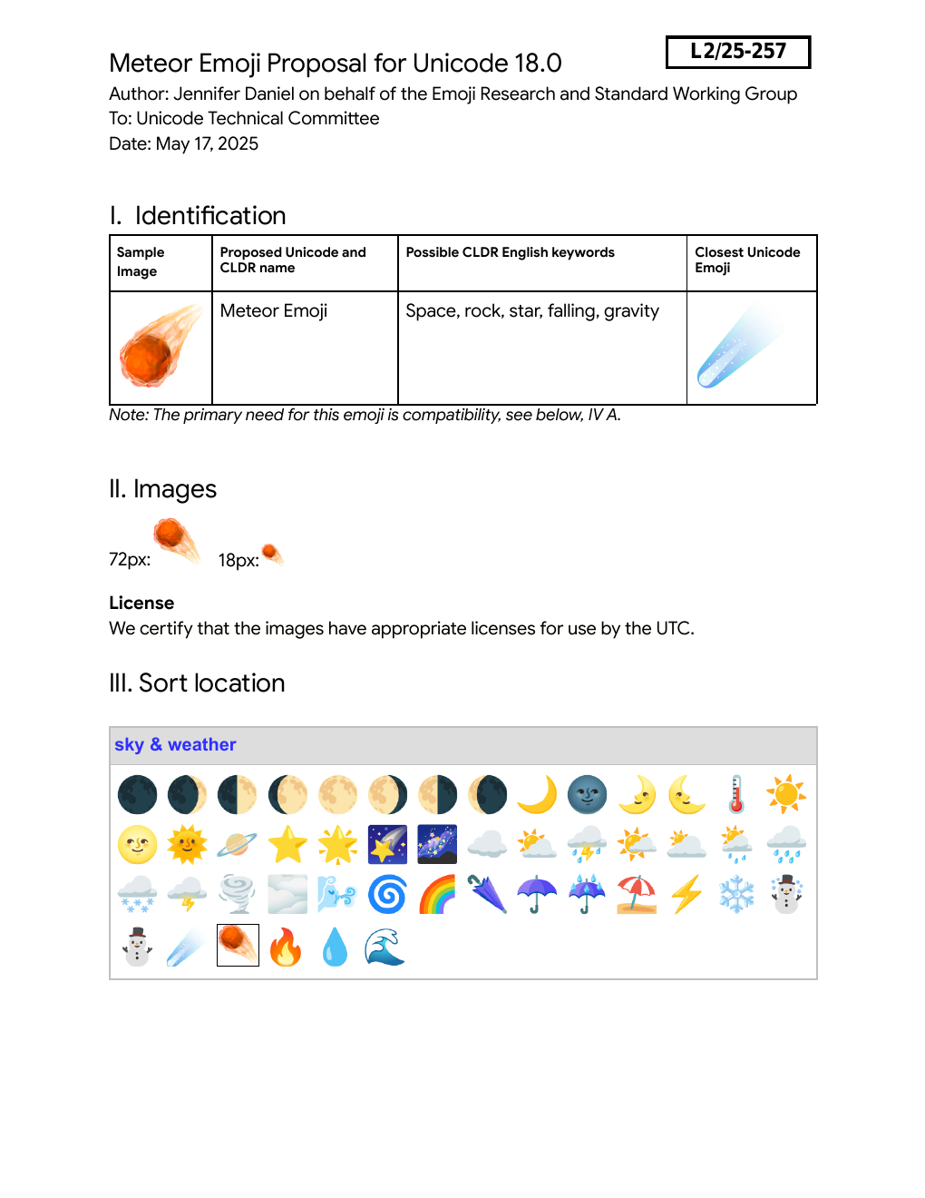 Meteor preview — Proposal document: Page 1 of the proposal document, showing the proposed name, keywords, and closest existing Unicode emoji (☄️).