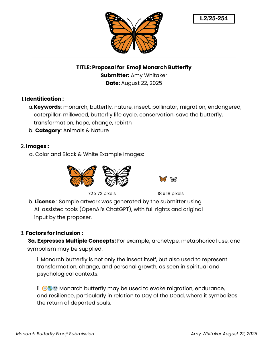 Monarch Butterfly preview — Proposal document: Page 1 of the proposal: keywords include monarch, pollinator, migration, endangered, conservation, transformation, hope, rebirth. Category is Animals & Nature.