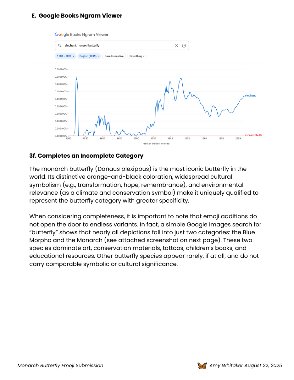 Monarch Butterfly preview — Proposal document: Google Books Ngram data cited in the proposal: the 'completes an incomplete category' argument. Most butterfly imagery splits between Blue Morpho and Monarch, with the Monarch carrying the bulk of the cultural weight.