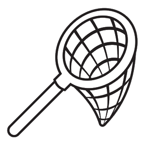 Net With Handle preview — Proposal document: Black-and-white line-art reference. Unicode typically ships a monochrome variant so the glyph reads on low-color devices and in print.