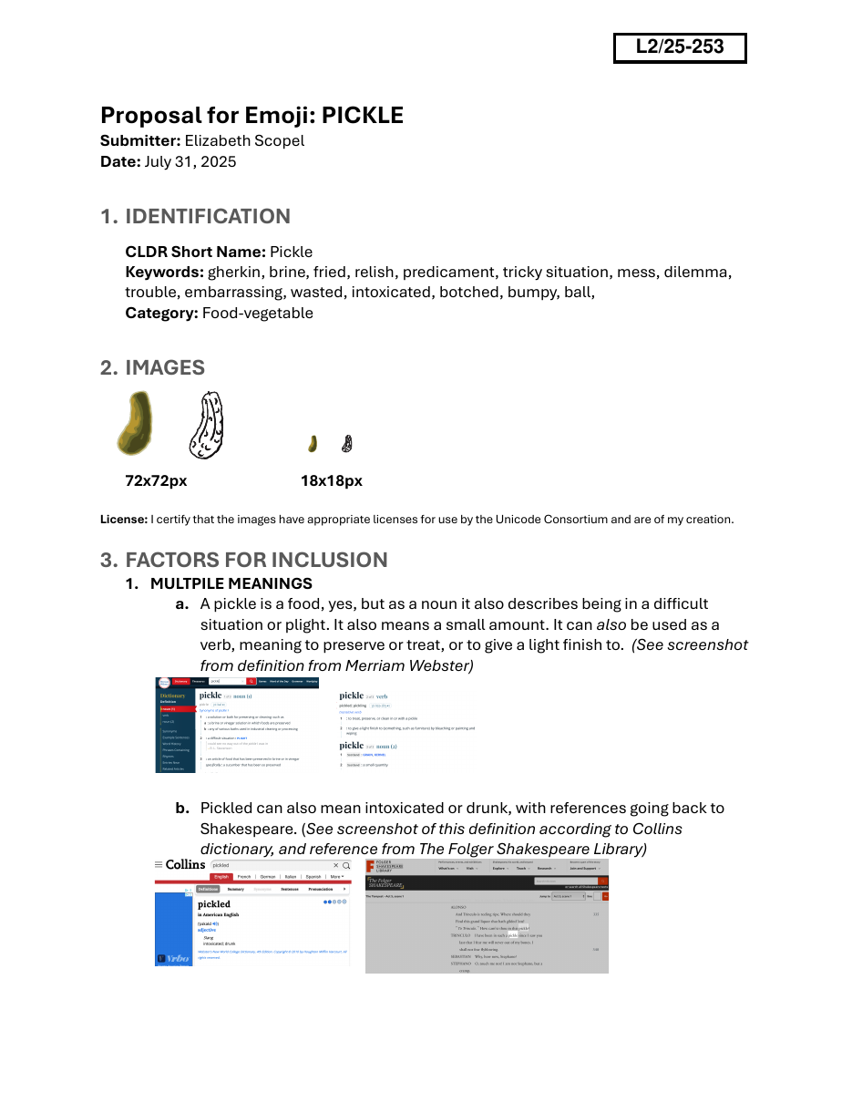 Pickle preview — Proposal document: Page 1 of the proposal: CLDR name 'Pickle,' keywords spanning gherkin, brine, predicament, and tricky situation. Category is Food-vegetable. Note the 72px and 18px sample renderings at the top.