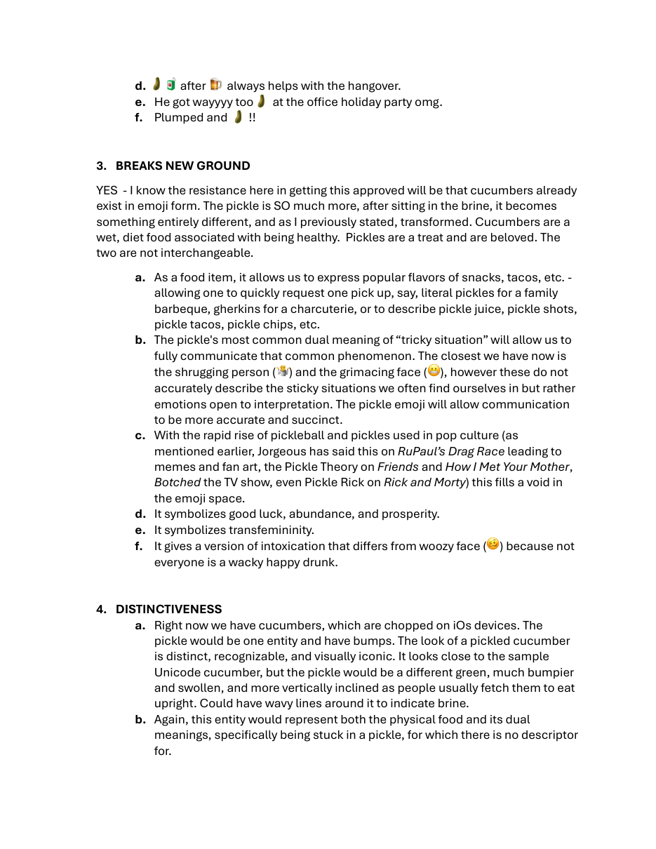 Pickle preview — Proposal document: 'Breaks new ground' section: why a pickle needs its own emoji despite 🥒 Cucumber already existing. Also enumerates the dual meanings (tricky situation, intoxication, pickleball) the glyph will cover.