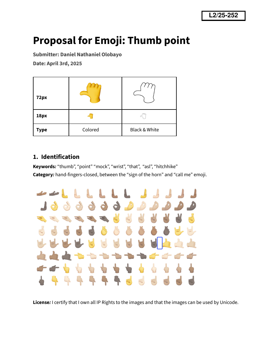 Leftwards Thumb preview — Proposal document: Page 1 of the 'Thumb point' proposal (L2/25-252) by Daniel Nathaniel Olobayo. The sort-location grid below the 72px samples shows exactly where the pair would slot into the existing hand-gesture block.